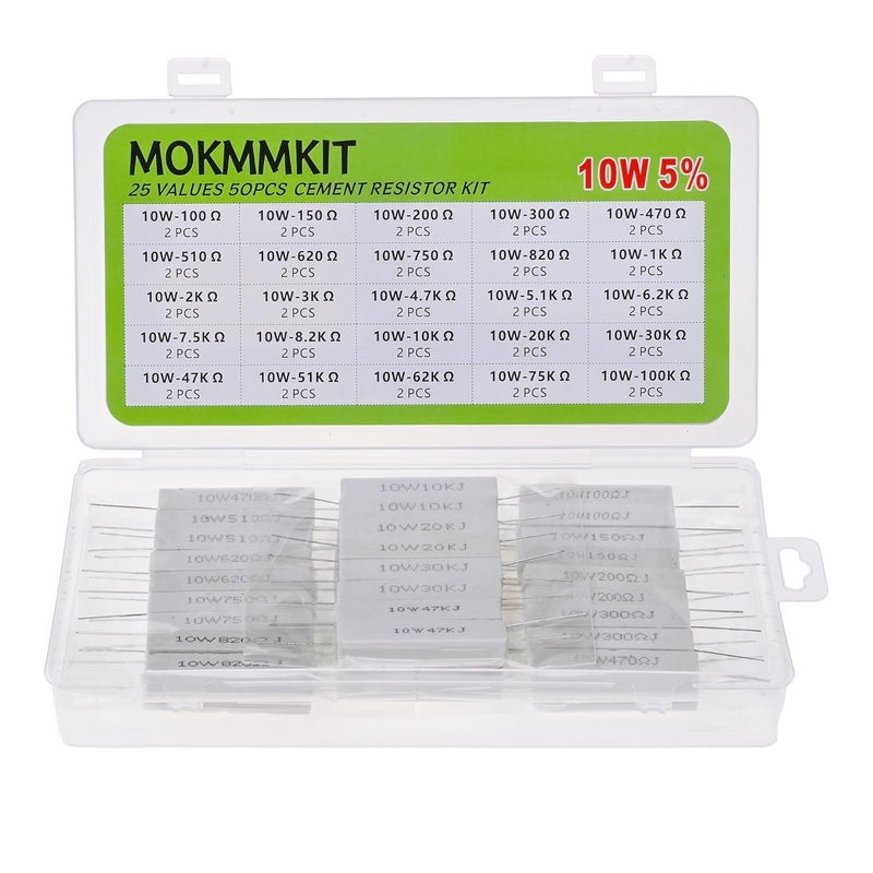 MOKMMKIT 25 Values 50 Pieces Ceramic Cement Resistor KIT 10W Resistance 10 Watt ±5% Power Resistors (100 Ohm - 100K Ohm) - Image 1